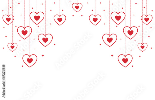 Vibrant Valentine's Day vector art with symmetrical cascade of red hearts hanging from thin strings amid sparkling stars on pure white background, ideal for romantic cards, banners, invitations.