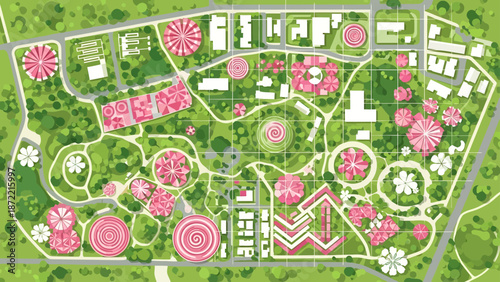 landscape design plan for a stylized urban park and city development layout viewed from above as an architectural planning concept.