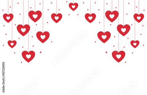 Vibrant Valentine's Day vector art with symmetrical cascade of red hearts hanging from thin strings amid sparkling stars on pure white background, ideal for romantic cards, banners, invitations.