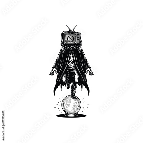 Surreal figure with television head standing on glowing orb.
