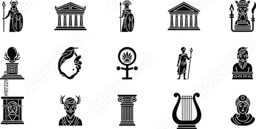 Black Silhouette Icons of Ancient Greek Figures Buildings and Mythology Symbols vector