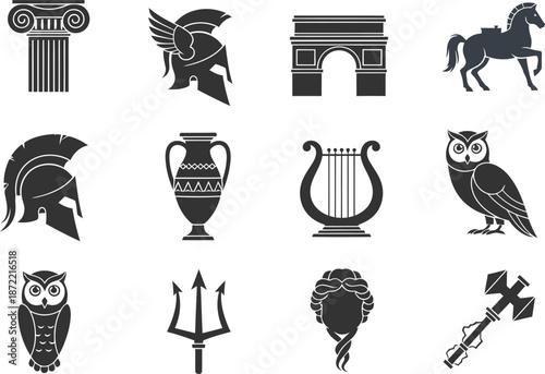 Black Silhouette Icons of Ancient Greek Mythology Symbols and Warriors vector illustration