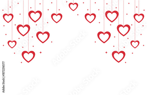 Vibrant Valentine's Day vector art with symmetrical cascade of red hearts hanging from thin strings amid sparkling stars on pure white background, ideal for romantic cards, banners, invitations.