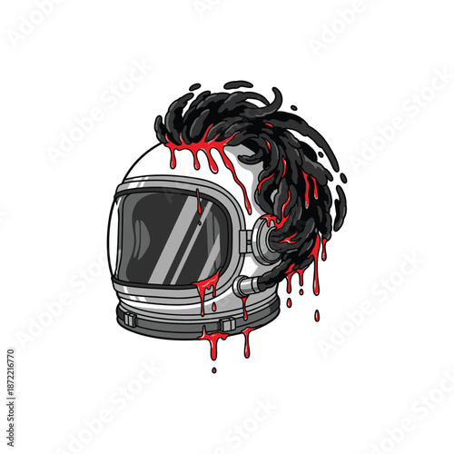 Astronaut Helmet with Dripping Paint and Hair Illustration.