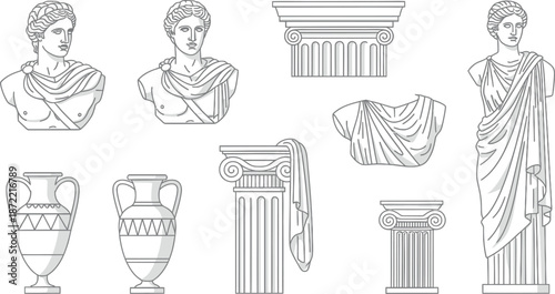 Classical Greek Statues and Architectural Elements Busts Columns Drapery Keywords: classical greek, statue, bust, column, capital, ionic, doric