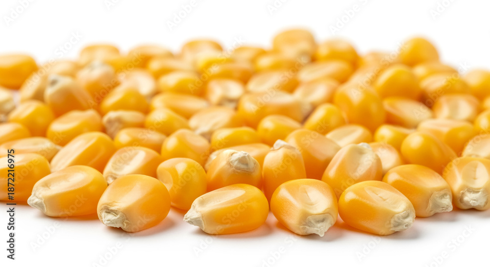 Fototapeta premium Yellow corn kernels isolated on white background with food and agriculture
