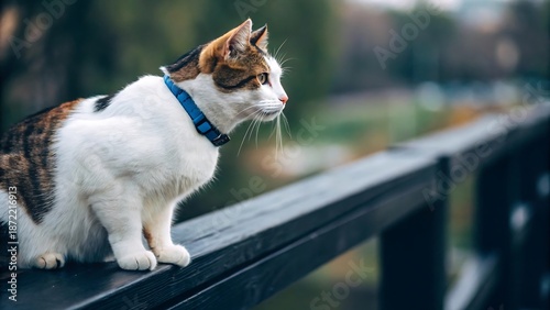 Calico cat on a wooden deck overlooking a serene landscape