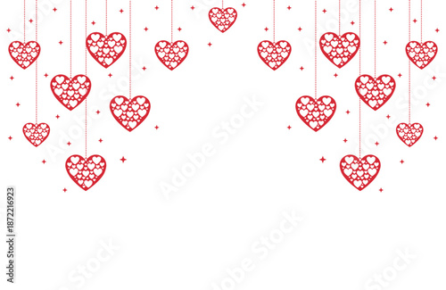 Vibrant Valentine's Day vector art with symmetrical cascade of red hearts hanging from thin strings amid sparkling stars on pure white background, ideal for romantic cards, banners, invitations.