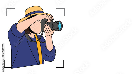 Skilled photographer wearing a stylish straw hat and a blue shirt is captured in a viewfinder while taking a professional picture with a dslr.