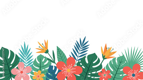 Lush border of tropical green leaves and bright colorful flowers including hibiscus is featured along the bottom of a clean white background.