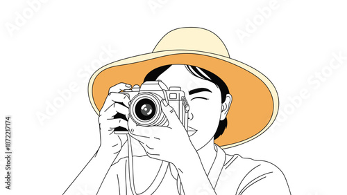 Minimalist line art illustration shows a woman wearing a wide straw hat and holding a camera while squinting one eye to take a professional photo.