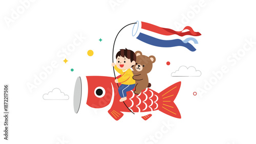 Happy young boy and a cute teddy bear are riding on a large red carp streamer through a sky filled with clouds and twinkling stars in Japan.