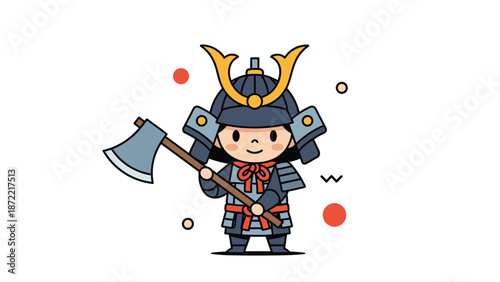 Brave little samurai boy wearing traditional armor and a helmet is holding a large axe while standing confidently against a simple background.