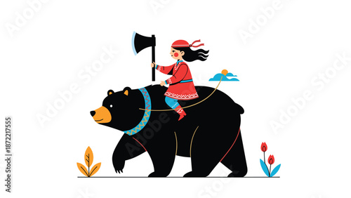Courageous girl dressed in traditional red clothing is riding a powerful black bear while holding a large axe in a charming folk illustration.