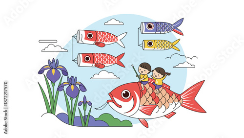 Group of children are having fun riding on top of a giant red fish while other colorful carp streamers fly in the sky near purple iris flowers.