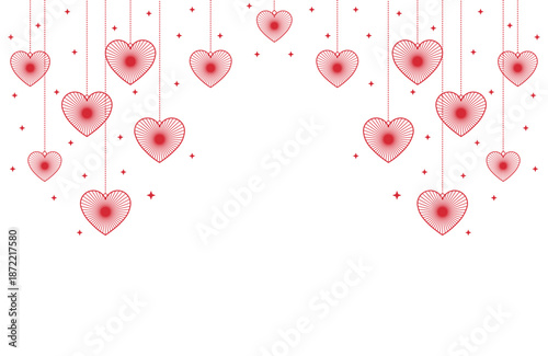 Vibrant Valentine's Day vector art with symmetrical cascade of red hearts hanging from thin strings amid sparkling stars on pure white background, ideal for romantic cards, banners, invitations.