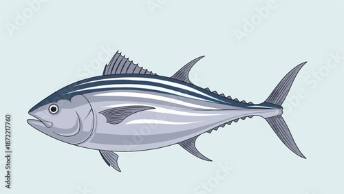 Realistic illustration of a skipjack tuna or bonito fish with its characteristic stripes is shown swimming against a light blue background.