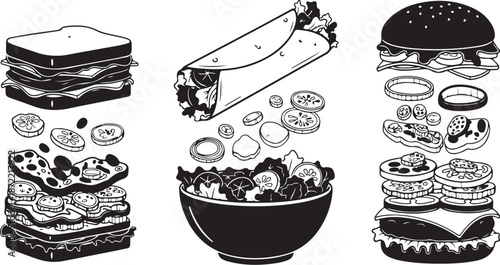 Variety of sandwiches and salads in black and white