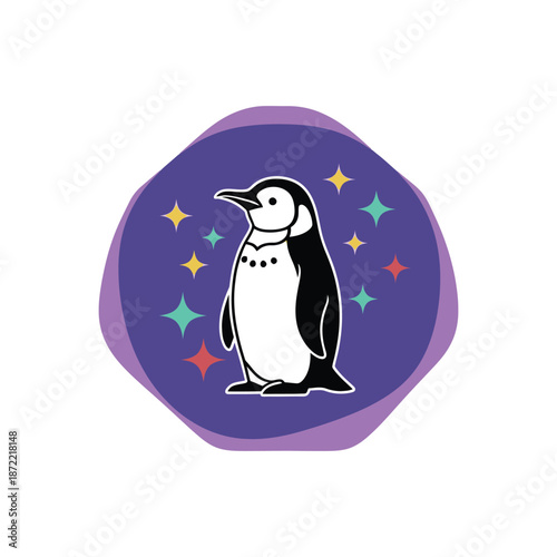 Charming Penguin Illustration with Starry Accents on White Background.
