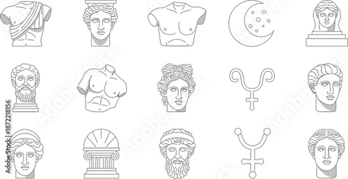 Grey Line Art Icons of Ancient Greek Sculptures and Symbols on White Background bust