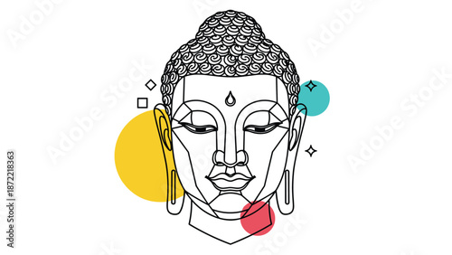 Artistic line drawing of a serene Buddha head is accented with playful colorful circles and geometric shapes for a modern look.