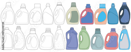 Large detergent bottle illustration set featuring outline and full color versions with various modern bottle shapes and label areas.