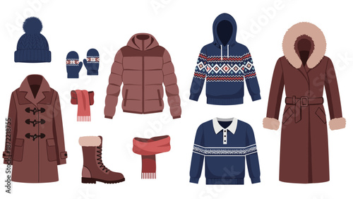 Comprehensive collection of winter fashion essentials like warm coats, puffer jackets, knitted sweaters, boots, and scarves.