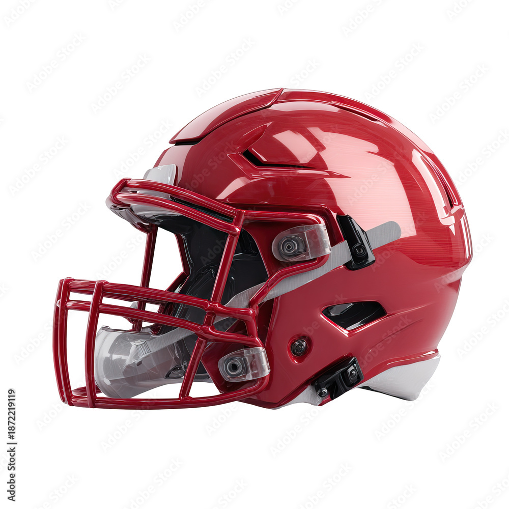 Fototapeta premium Modern red football helmet with facemask on transparent background