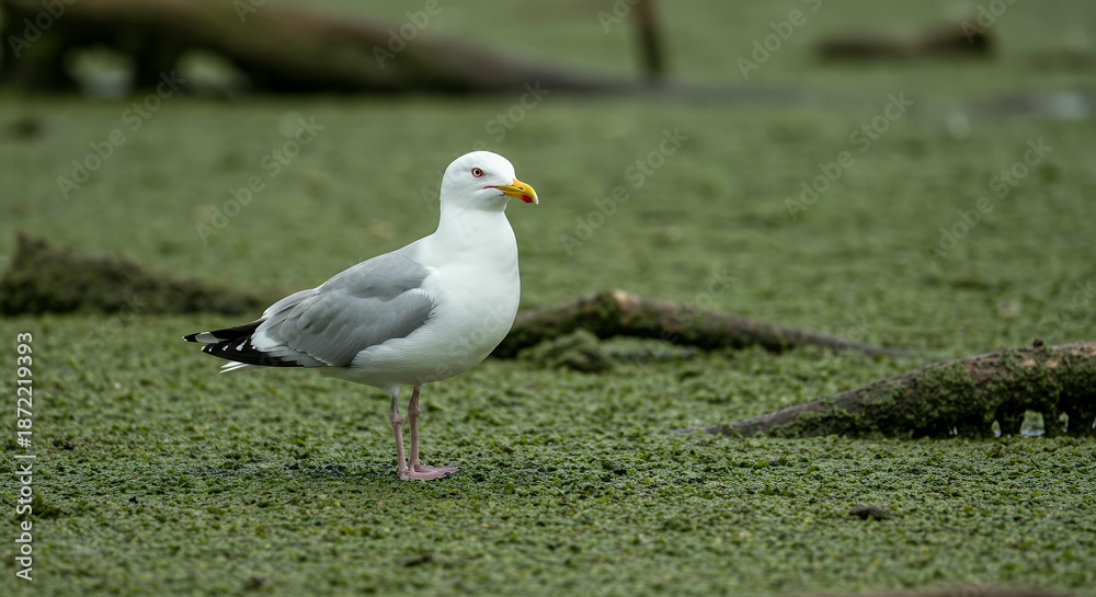 Obraz premium Ring-billed Gull Standing on Bright Green Algae Covered Marshland, Vivid Nature Background for Conservation and Ecology