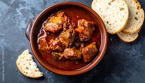 Delicious Beef Stew with Bread Slices in Rustic Bowl.
