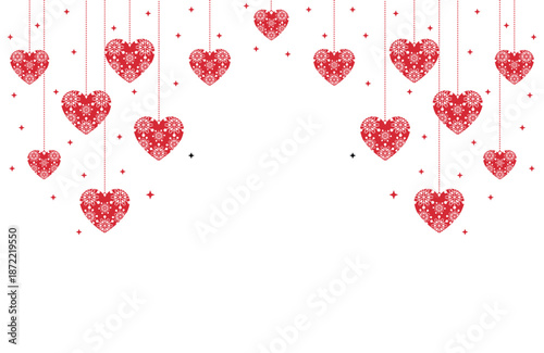 Vibrant Valentine's Day vector art with symmetrical cascade of red hearts hanging from thin strings amid sparkling stars on pure white background, ideal for romantic cards, banners, invitations.