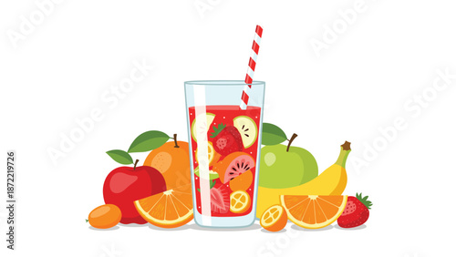 Refreshing glass of fruit-filled sangria or punch stands amidst a bounty of fresh apples, oranges, bananas, and red strawberries.