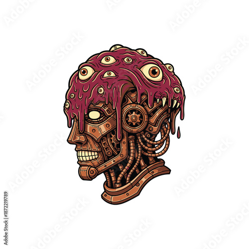 Surreal Cyborg Head with Melting Eyes Illustration.