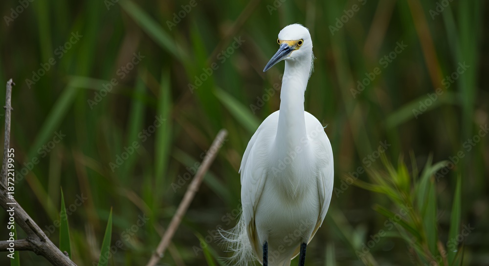 Obraz premium Close-up Frontal View of a Snowy Egret with Breeding Plumage and Yellow Facial Skin, Elegant White Bird Egretta Thula in Green Marshland, Portrait for Wildlife Conservation