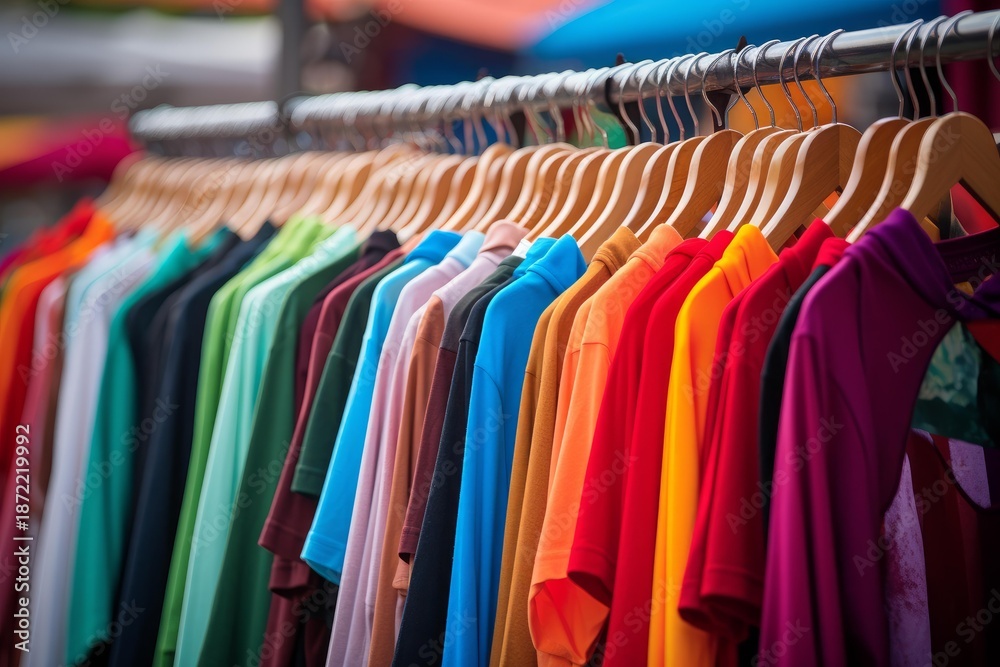 Obraz premium Colorful t shirts creating a vibrant display on wooden hangers in a retail environment