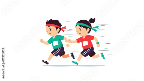 Energetic boy and girl running together in a race with colorful headbands on a plain white background, showing motion and speed.