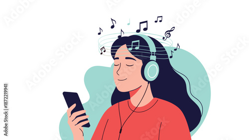 Young woman wearing headphones and listening to music from her smartphone with floating musical notes in a modern flat design.