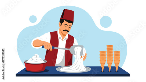 Traditional Turkish ice cream vendor wearing ethnic clothing preparing delicious dondurma with a long metal rod and wafer cones.