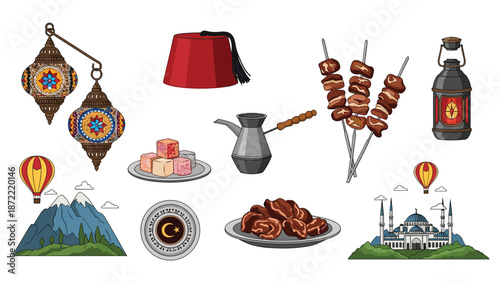 Diverse collection of Turkish cultural symbols including a fez, lanterns, kebabs, coffee, a mosque, and hot air balloons over mountains.