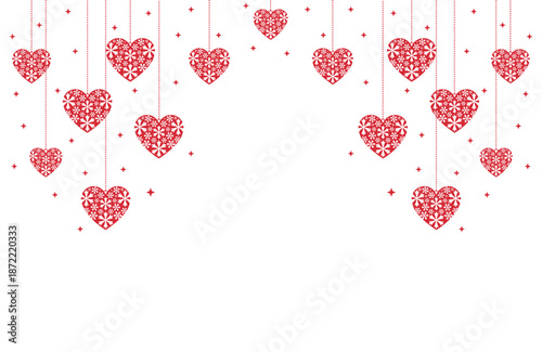 Vibrant Valentine's Day vector art with symmetrical cascade of red hearts hanging from thin strings amid sparkling stars on pure white background, ideal for romantic cards, banners, invitations.