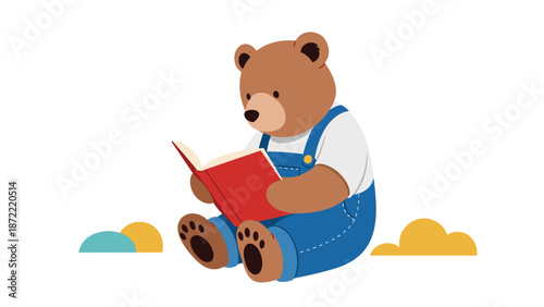 Cute brown teddy bear wearing blue denim overalls sitting on the floor and reading a red book, a charming children's illustration.