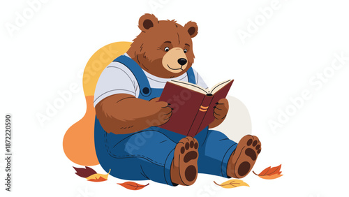 Large brown bear dressed in blue overalls sitting down and reading a book with colorful falling autumn leaves in the background.