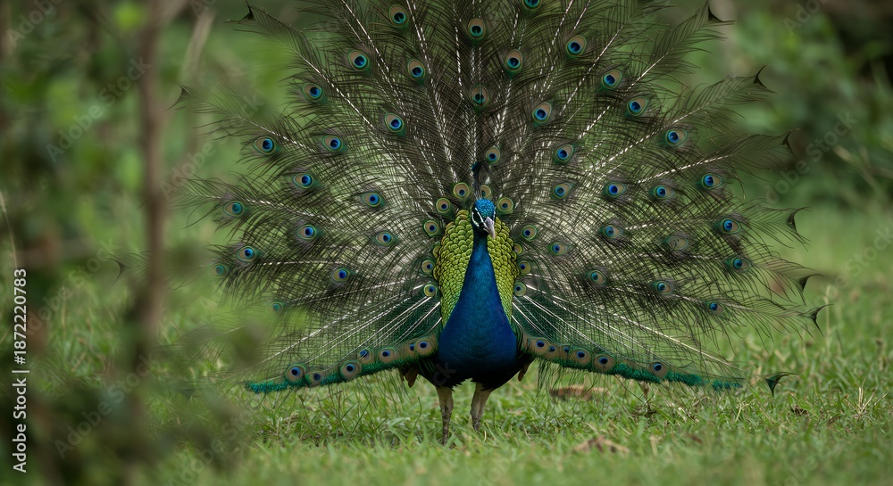 Obraz premium Indian Peafowl Male Displaying Vibrant Iridescent Plumage and Train Feathers in a Wild Grassy Meadow, Magnificent Blue Peacock Showing Tail Eyespots for Courtship