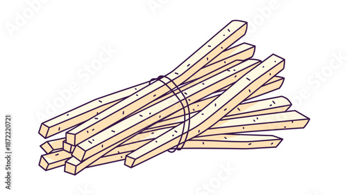 Bundle of thin wooden matchsticks or kindling sticks tied together with a dark string, a simple rustic illustration on white.