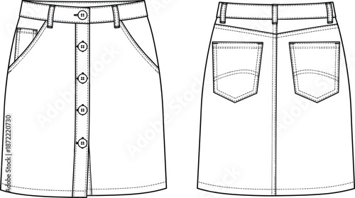 Button down denim mini skirt technical flat sketch, front and back view, white high waisted pocket template, apparel design vector illustration for fashion CAD