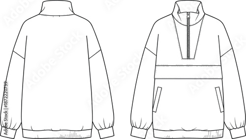 Fashion technical flat sketch of a women's oversized quarter zip pullover sweatshirt featuring drop shoulders, high collar, front pocket, and ribbed cuffs vector.
