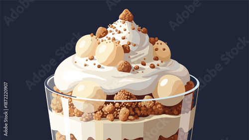 Decadent coffee flavored parfait topped with whipped cream, chocolate crumbles, and white chocolate balls in a glass cup illustration.
