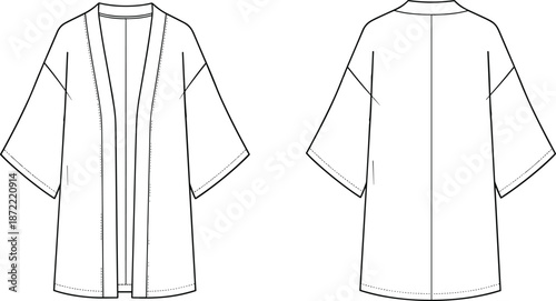 Technical fashion flat sketch of a unisex oversized kimono cardigan jacket with dropped shoulders wide sleeves and open front view for clothing design template