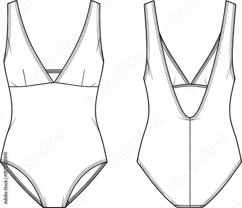 Technical fashion sketch bundle featuring deep V-neck swimsuit, corset midi dress, wide-leg cargo trousers, leather handbag, cropped hoodie, varsity jacket, coat, and activewear templates.