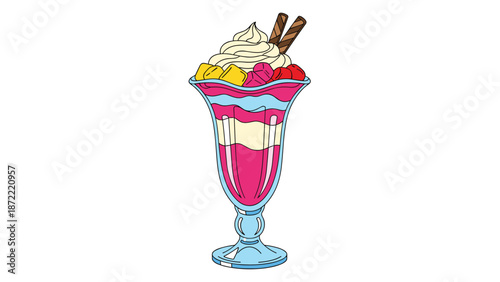 Colorful fruit sundae in a blue glass cup layered with pink and white cream topped with whipped cream, mango, strawberries, and wafer rolls.